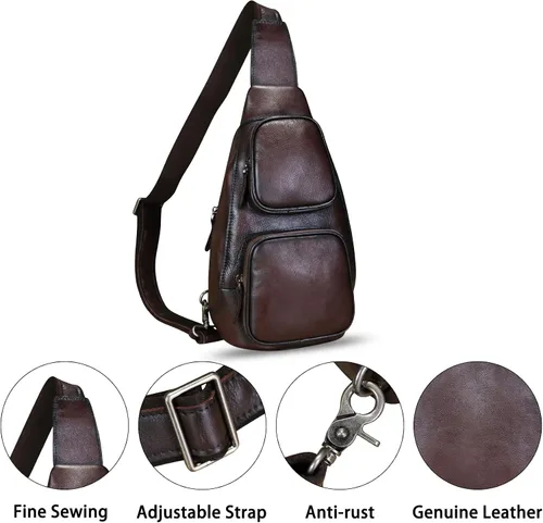 Miniatura 6 de FEIGITOR Bolso bandolera de cuero genuino, mochila cruzada retro hecha a mano, bolsa de pecho para senderismo, ciclismo, riñonera
