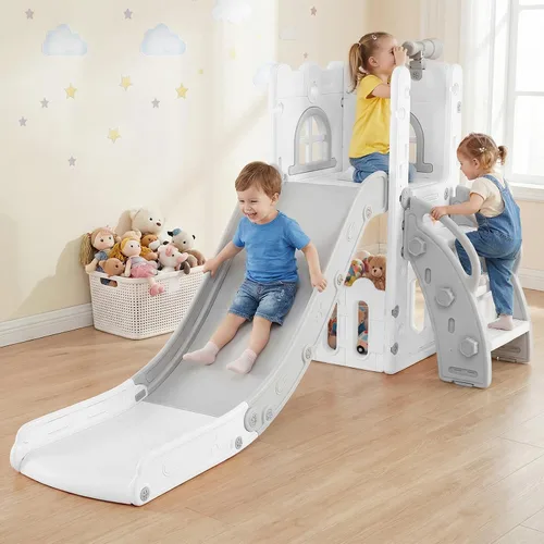 Miniatura 2 de OLAKIDS Tobogán para niños pequeños, 6 en 1 para interiores y exteriores, con aro de baloncesto, telescopio, almacenamiento de juguetes para niños