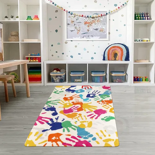 Miniatura 7 de STARUIA - Alfombra de huellas de manos y pies para niños para sala de juegos, alfombra de guardería lavable de 3 x 5 pies de colores para habitación
