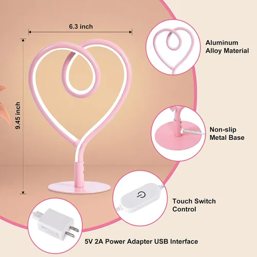 Miniatura 7 de Lámpara de Mesa Rosa, Lámpara de Escritorio Corazón Ajustable Sin Escalas 3CCT 2700K/4000K/6500K con Adaptador USB, Pequeña Lámpara de Noche