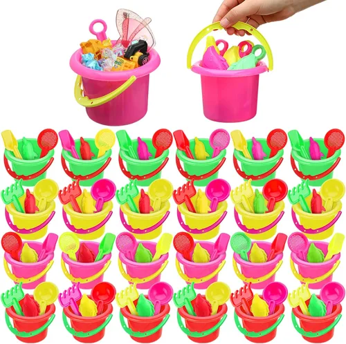 Jexine 96 piezas de recuerdos de fiesta en la playa para niños, juego de 24 cubos de arena y palas para cubo de fiesta, caja de arena y mini cubo de