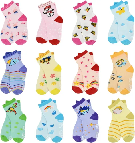 Calcetines SkiBeaut para niño, 12 pares de calcetines antideslizantes para niño, calcetines de algodón con adherencia para niños de 1-3 3-5 5-7