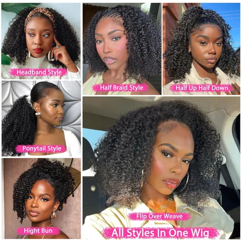 Miniatura 6 de Curly Half Wig Human Hair - 180% Density 3 in 1 Seamless Flip over Half Wig 14 Inch Glueless Wear Go Beginner Friendly Kinky Curly Wig Drawstring