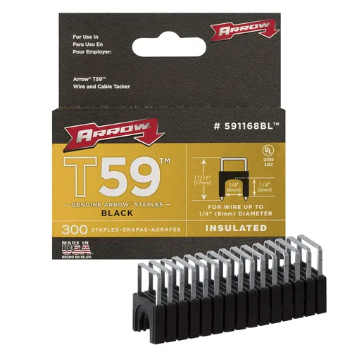 Arrow 591168 - Grapas aisladas de acero T59 genuino de 1/4 pulgadas por 1/4 de ancho de corona para cable y cableado, negro, 300 unidades