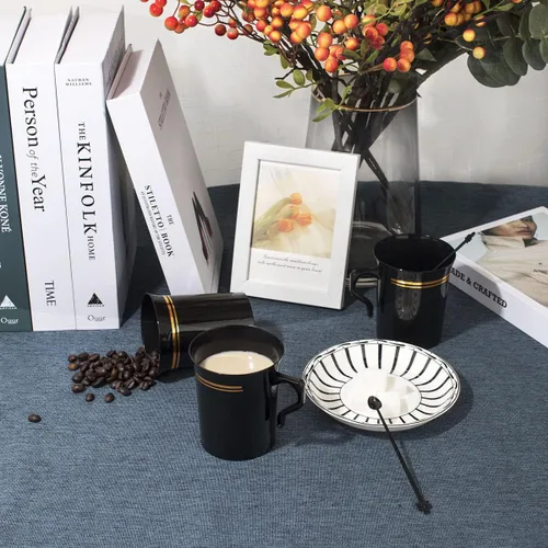 Miniatura 5 de Nervure Paquete de 60 tazas de café de plástico negro con 60 agitadores de café negros, tazas de café desechables de 8 onzas con asas y agitadores