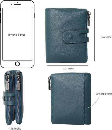 Miniatura 5 de Bveyzi Cartera pequeña de cuero suave para mujer, con bloqueo RFID, tarjetero con doble bolsillo con cremallera