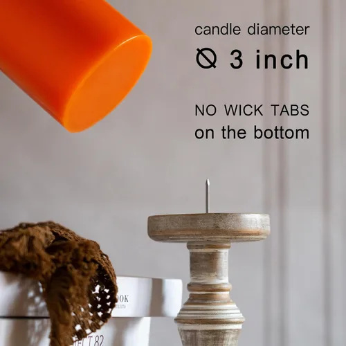 Miniatura 4 de MOZEAL Vela grande sin aroma vertida a mano de 3" x 8", juego de 2 velas rústicas sin humo en forma de pilar, combustión lenta, sin goteo, Naranja