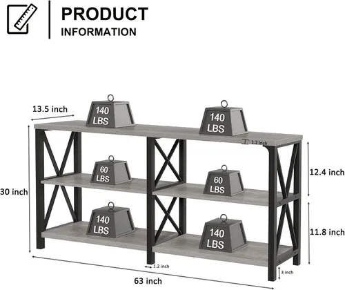 Miniatura 2 de LVB Mesa de Entrada Industrial, Mesa Consola Rústica de Granja Detrás del Sofá, Mesa Larga de Sofá de Madera y Metal con Estante de Almacenamiento
