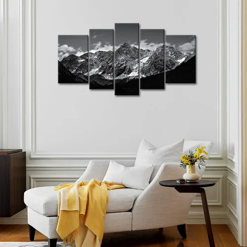 Miniatura 5 de Lienzo decorativo para pared, diseño de montaña en blanco y negro, paisaje de montaña, 5 piezas, impresiones sobre lienzo, arte moderno con marco