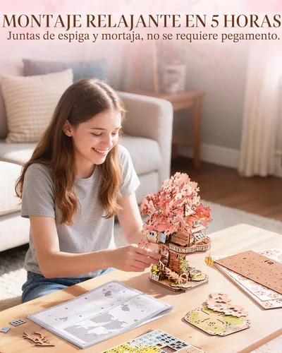 Miniatura 2 de Rolife Kits de casa en miniatura para bricolaje, casa de árbol Sakura, rompecabezas de madera 3D de 12 pulgadas para adultos, modelo de flor