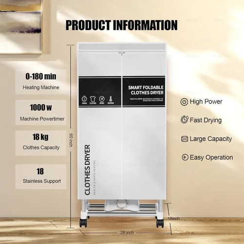 Miniatura 5 de Secadora de ropa, secadora portátil con temporizador, armario de secado de ropa de 60 pulgadas con gran capacidad, secadora eléctrica/estante