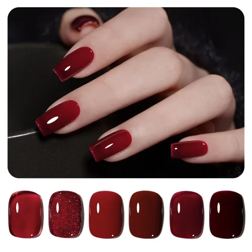 Miniatura 27 de GAOY - Juego de 6 esmaltes de uñas en gel de color rojo borgoña, incluido el kit de esmaltes en gel de color rojo vino cereza oscuro con luz