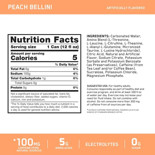 Miniatura 2 de Optimum Nutrition Amino Energy Bebida de Hidratación Espumosa, Electrolitos, Cafeína, Aminoácidos, BCAAs, Sin Azúcar, Peach Bellini, 12 Onzas