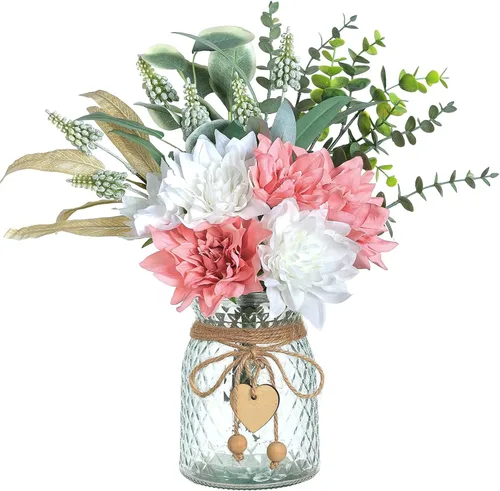 Miniatura 13 de Flores de imitación con jarrón, flores artificiales de seda en jarrón, planta falsa eucalipto y sauce, arreglo floral para el hogar, granja, cocina