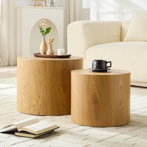 Miniatura 13 de Juego de 2 mesas auxiliares redondas, mesa auxiliar anidable y mesa auxiliar de madera con tambor circular pequeño para sala de estar, oficina, sin