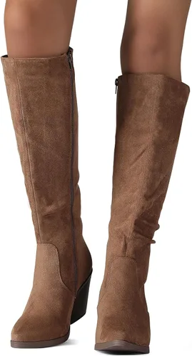 Miniatura 7 de Putu Botas altas hasta la rodilla con punta puntiaguda para mujer, botas de tacón grueso apiladas, con cremallera lateral, botas altas holgadas