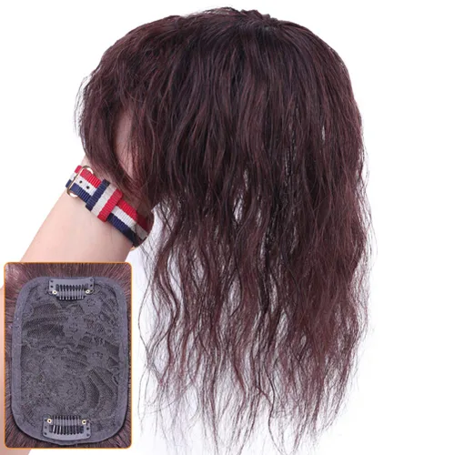 Miniatura 4 de 3 x 4.7 pulgadas con clip superior para mujer, cabello humano ligeramente rizado con flequillo lateral, color marrón oscuro, 10 pulgadas