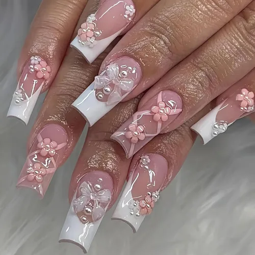 Miniatura 24 de Lindas uñas a presión de tamaño mediano - Uñas falsas cuadradas con punta francesa, uñas acrílicas rojas de cobertura completa brillantes