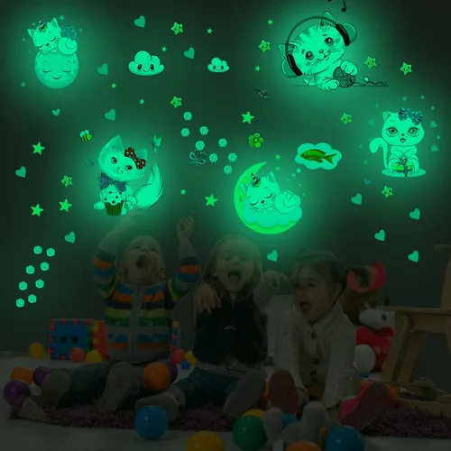 Miniatura 8 de Estrellas que brillan en la oscuridad para la habitación, adhesivos de pared/techo que brillan de gatos, calcomanías de mariposas de gatito
