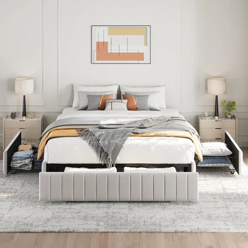 Miniatura 3 de Yaheetech Bastidor de cama completo con plataforma tapizada con 3 cajones de almacenamiento, gran espacio de almacenamiento/Listones de madera
