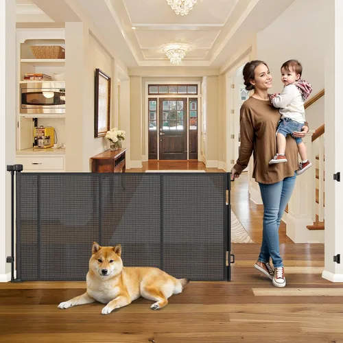 Miniatura 9 de Puertas de bebé extra anchas de 100 pulgadas para gran apertura, puerta retráctil para interiores para perros, puertas para cachorros para la casa