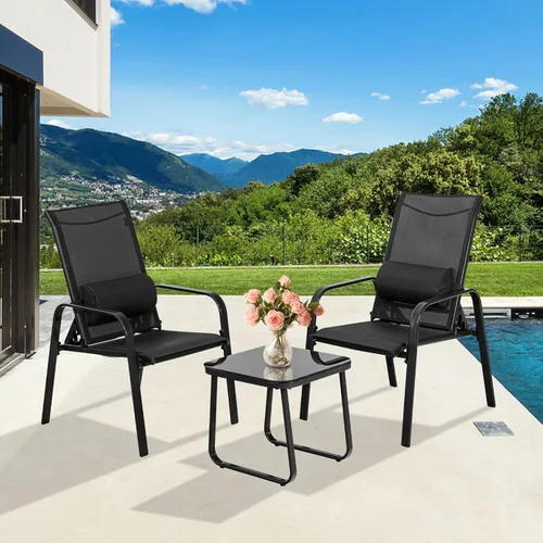 Miniatura 3 de Tangkula Juego de 3 piezas de bistró para exteriores, sillas apilables para patio con respaldo ajustable y plegable, reposacabezas extraíble y mesa