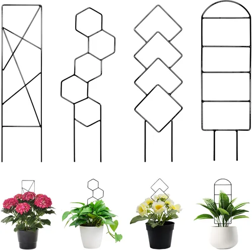 Paquete de 4 enrejados metálicos para plantas de 15 pulgadas, soporte para plantas trepadoras pequeñas negras para vides en macetas de interiores y