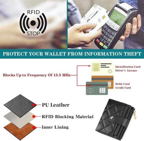 Miniatura 6 de GAEKEAO Cartera pequeña para mujer, de dos pliegues con bloqueo RFID, estuche para tarjetas de crédito con bolsillo con cremallera, A-Negro, Classic