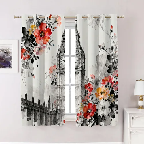 Miniatura 84 de Cortinas opacas de cocina con pintura al óleo de Europa rosa y negra para ventanas, cenefas opacas modernas de torre Eiffel de poliéster multicapa