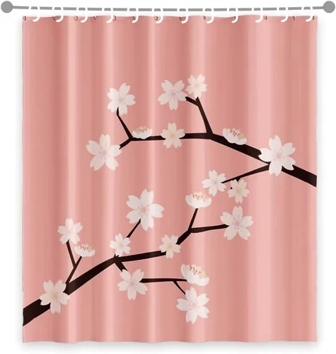 Miniatura 13 de Cortina de ducha japonesa con flores de cerezo blanco, pétalos que caen, decoración de fondo rosa, tela impermeable, cortina de baño floral