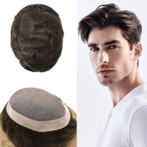 Miniatura 41 de Tupé para hombre, pieza de cabello humano real, monofilamento, tupé para hombres, postizos, unidades de sistema de reemplazo de cabello, gris