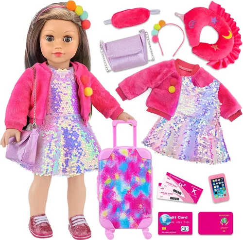 K.T. Fancy Ropa y accesorios de muñeca americana de 18 pulgadas, juego de maleta de viaje para niñas, linda ropa de muñeca de viaje para muñecas de