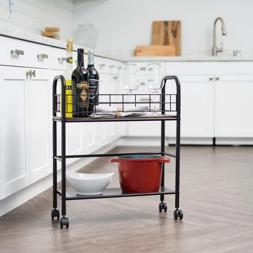 Miniatura 3 de IRIS USA Carrito rodante de almacenamiento de cocina de 2 niveles con ruedas giratorias con cerradura, estación de café, estante de despensa, bar