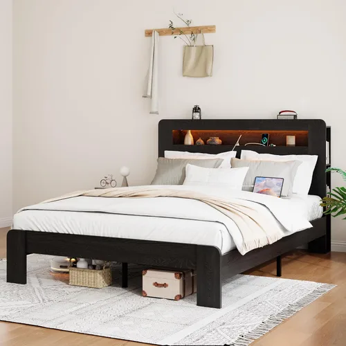 Miniatura 6 de Marco de Cama de Madera Tamaño Full con Cabecera de Almacenamiento, Marco de Cama de Plataforma Estilo Granja con Estante de Librería y Luces LED