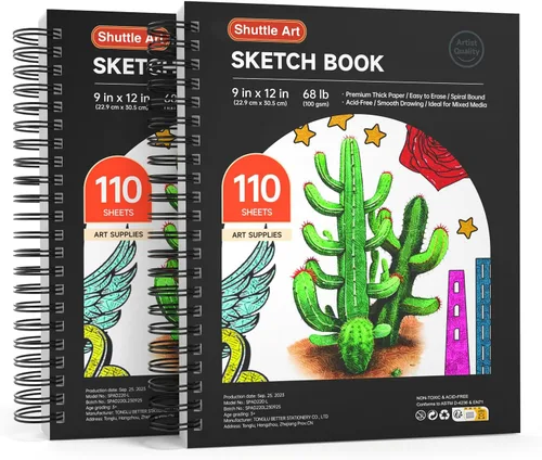Shuttle Art Cuaderno de bocetos de 9 x 12 pulgadas, 220 hojas en total, paquete de 2 (110 hojas cada una), papel grueso de 68 libras/100gsm, bloc de