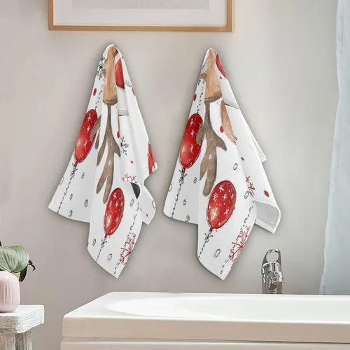 Miniatura 4 de Vdsrup Juego de 2 toallas de mano de reno de Navidad, diseño de ciervos de invierno, juego de 2 toallas de baño con copos de nieve, toalla suave