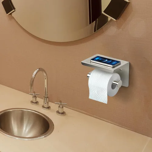 Miniatura 3 de Soporte de papel higiénico de níquel cepillado con estante, montaje en pared de acero inoxidable SUS304, adhesivo de doble instalación o tornillo