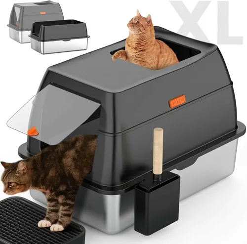 Miniatura 9 de Caja de arena de acero inoxidable con tapa, caja de arena para gatos de entrada frontal y salida superior, caja de metal cerrada extragrande