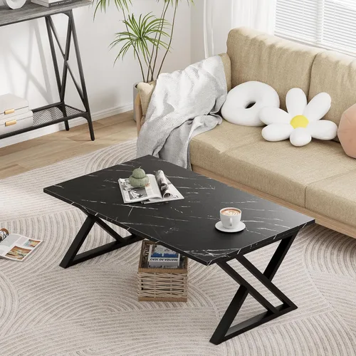 Miniatura 2 de Wolawu - Mesa de café para sala de estar, mesa central negra, mesa de té rectangular moderna y simple de mármol falso con marco de metal acabado