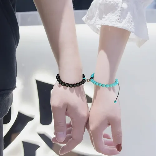Miniatura 29 de 2 pulseras magnéticas para parejas, piedra natural negra mate, cristal para votos de amor eterno, juego de pulseras de cuentas de piedra de energía