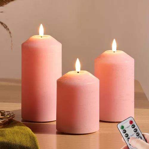 Eywamage Velas de pilar sin llama rosa con control remoto, velas LED parpadeantes de cera a pilas, juego de 3