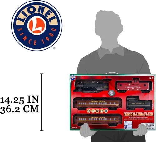 Miniatura 20 de Juego de tren de juguete Lionel Pennsylvania Flyer a batería, escala O, con control remoto, locomotora, vagones de tren y vía con efectos auténticos