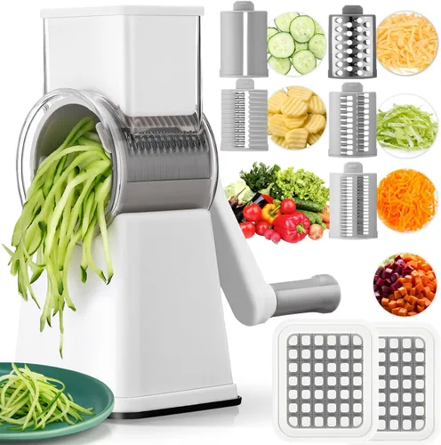 Rallador de queso giratorio multifuncional 6 en 1 con 11 cuchillas, trituradora de verduras, trituradora de dados para alimentos, picadora con base