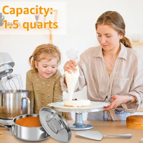 Miniatura 8 de Molde de flan de acero inoxidable con capacidad de 1.5 cuartos de galón con tapa y espátula, recipientes redondos para flan de 6 a 8 cuartos
