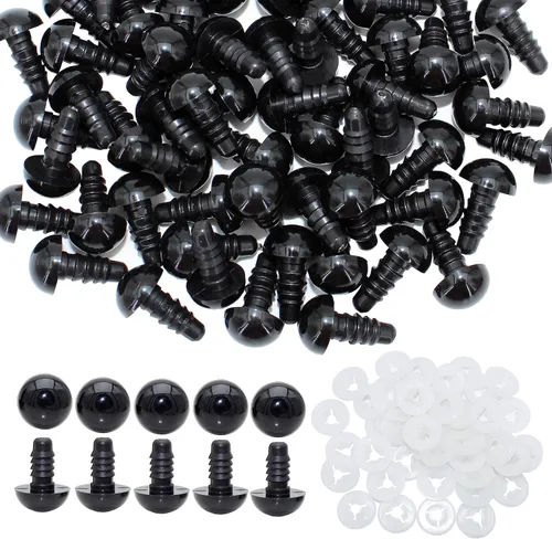 Bestartstore 1 caja (50 unidades) Ojos de seguridad de plástico negro de 0.472 pulgadas con arandelas para proyectos Amigurumi, agujas de tejer,