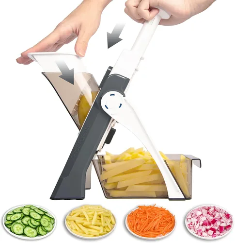 Miniatura 7 de Picadora de verduras de mandolina segura con recipiente para cocina, profesional, más con más de 30 ajustes preestablecidos y ajustador de grosor