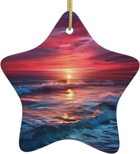 Árbol de Navidad colgante de cerámica con lazo dorado, cálido crepúsculo, océano, adornos de cerámica para el hogar, manualidades en forma de