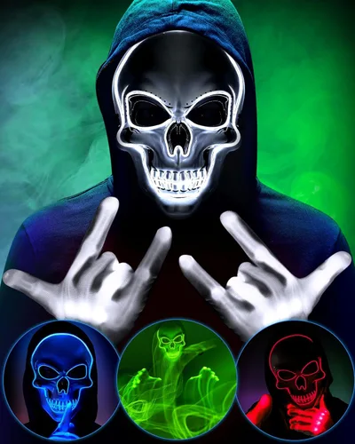 Miniatura 11 de Sumind Máscara LED de Halloween, esqueleto LED aterrador, hacker de purga que brilla en la oscuridad, para fiesta de disfraces de Halloween (rosa)