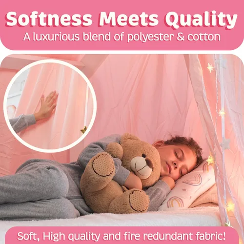 Miniatura 5 de Toldo de Cama Bollepo con Luces - Toldo Rosa de Princesa para Habitación de Niñas Individual, Doble, Matrimonial, Queen Cama Infantil, Toldo