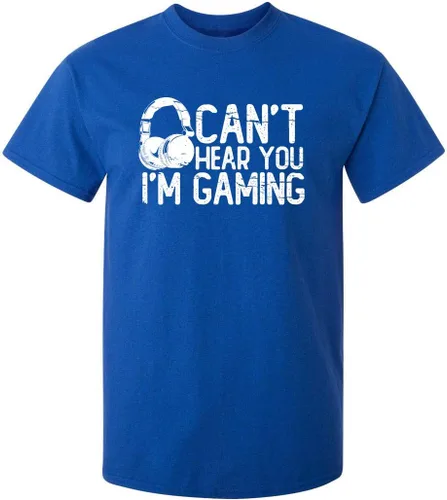 Feelin Good Tees - Camiseta divertida para jugadores con frase gráfica de video juegos Can't Hear You I'm Gaming y audífonos estampados